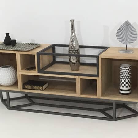 meuble modulaire en bois de chêne massif et métal, au style polyvalent pour le salon, l'entrée ou d'appoint.