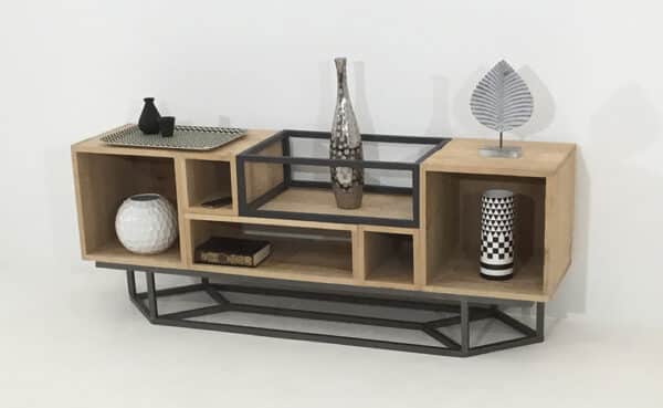 meuble modulaire en bois de chêne massif et métal, au style polyvalent pour le salon, l'entrée ou d'appoint.