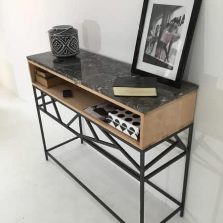 console meuble d'entrée en bois, marbre et pied original en métal
