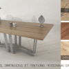 Table à manger en bois massif avec pied original en métal, formé par des barres en acier entrecroisées.
