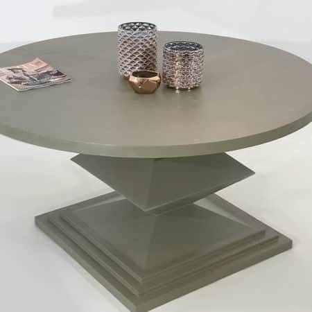 Table repas ronde avec piétement en métal laqué de couleur taupe et plateau également en métal laqué
