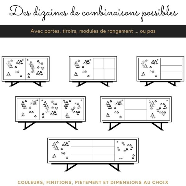 Combinaisons possible pour les meubles buffets KUBIKA en bois massif et métal ajouré, au design moderne et original, fabrication Française artisanale haut de gamme, sur mesure ou personnalisable.