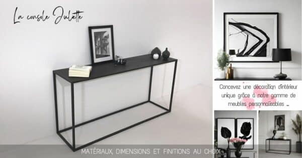 console d'entrée en métal noir au design minimaliste, dimensions personnalisables