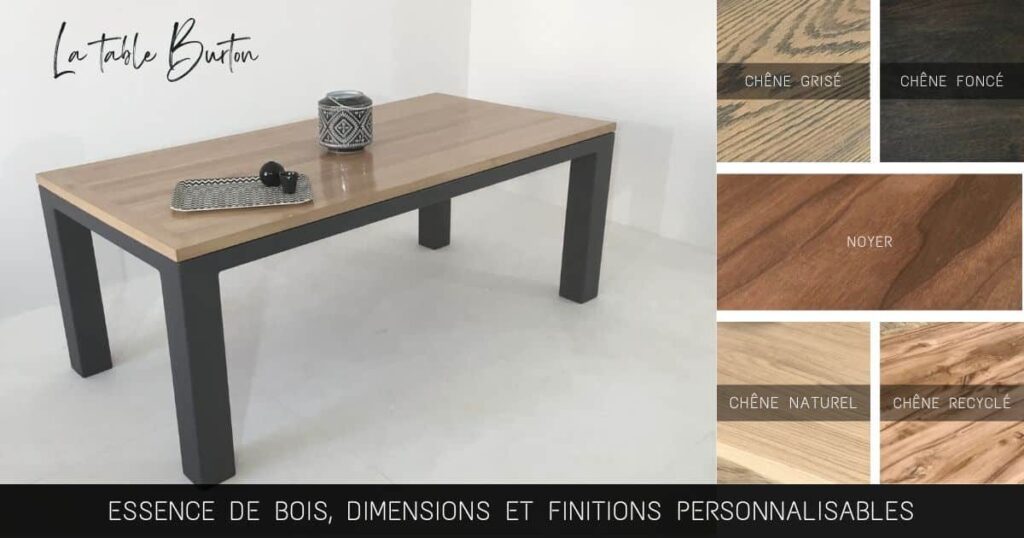 table bois massif contemporaine BURTON: plateau en bois massif au choix et pied en acier thermolaqué