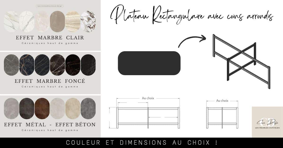 plan de la table basse rectangulaire avec coins arrondis, céramique italienne design au choix : effet marbre, effet métal, effet béton