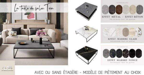 table basse carrée Tivia avec plateau en céramique marbre, Terrazzo, béton ou métal Industriel au choix et pied au design fin en métal laqué, disponibles en plusieurs versions personnalisables.
