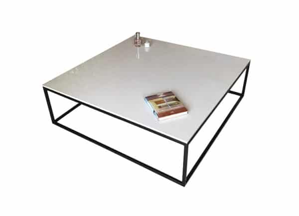 table basse de salon carrée avec plateau céramique blanc uni