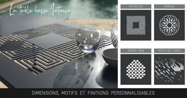 Détail des différents motifs disponibles pour le plateau en aluminium ou acier ajouré de la table basse de jardin au design original.