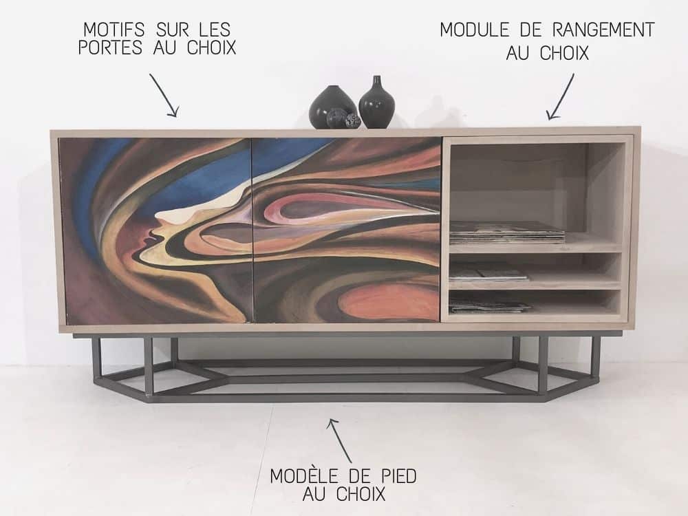 buffet bois massif de chêne sur-mesure avec 2 portes peintes à la main avec un motif original et un module de rangement au choix parmi plusieurs options.