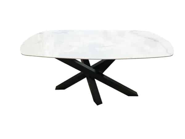 Table à manger sur-mesure avec plateau en céramique italienne haut de gamme effet marbre blanc statuaire et pied central original en métal noir de style Mikado. Fabrication Française haut de gamme.