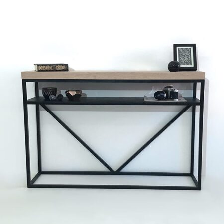 meuble console bois métal au design industriel avec étagère