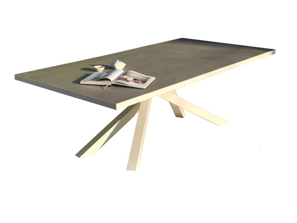 table de jardin ou d'extérieur en céramique et pied central entrecroisé Mikado