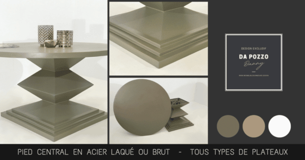 Table à manger ronde avec pied central au design original made in France, plateau au choix parmi bois massif, céramique, marbre, granit ou métal.