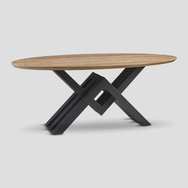 Table à manger ovale avec plateau en bois et pied en métal au design original