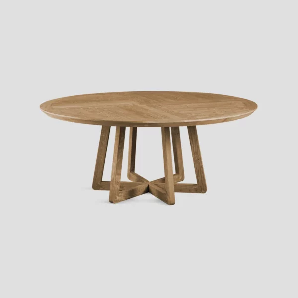 Table à manger ronde en bois massif conçue sur mesure, avec un pied central singulier en bois massif et une finition naturelle personnalisable. D’autres matériaux et finitions sont proposés pour s’adapter à votre intérieur.