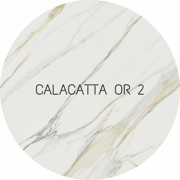 céramique ronde effet marbre blanc Calacatta avec veines or et grises