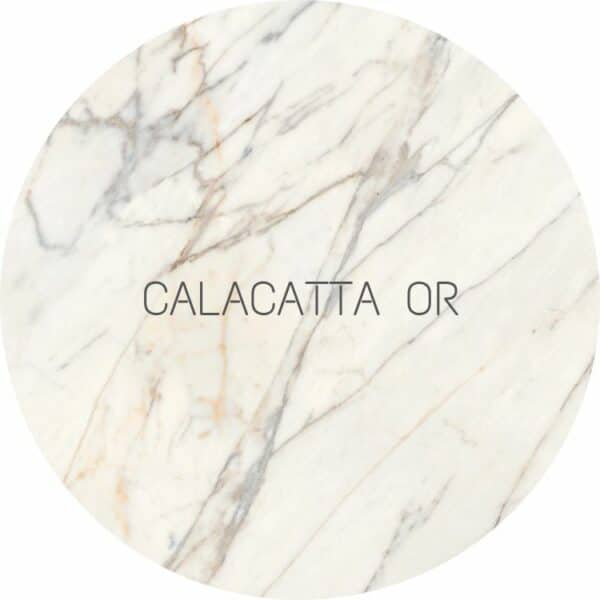 Plateau rond en céramique ronde effet marbre blanc Calacatta avec veines or et grises