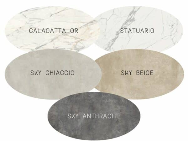 plateaux de forme ovale ou de forme tonneau, en céramique effet marbre Calacatta blanc, effet ciment, pour tables