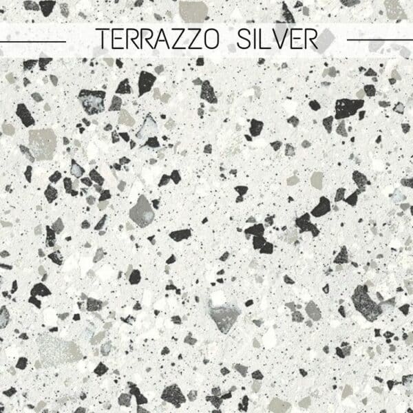 céramique effet Terrazzo avec un fond gris perle et des éléments blanc, gris et noir