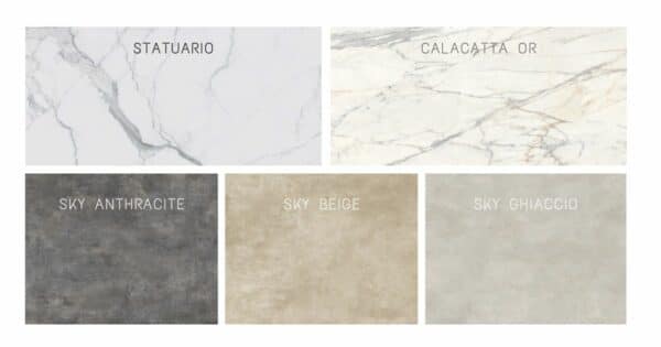 plateaux rectangulaires en céramique effet marbre Calacatta blanc, effet ciment, pour tables avec angles arrondis ou droits.