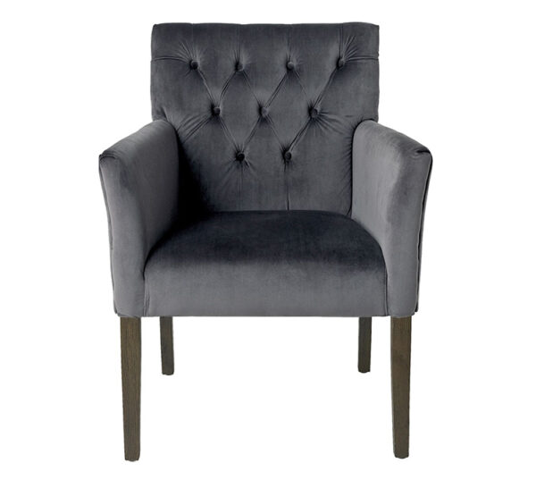 chaise de table confortable avec accoudoirs, velours gris charbon et pieds en chêne