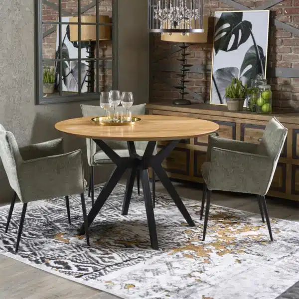 Belle table de salle à manger bois métal avec 3 fauteuils avec accoudoirs dotés du tissu matelassé couleur vert moderne