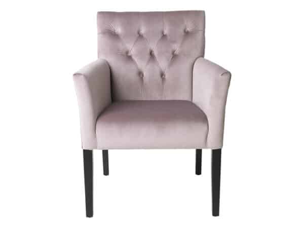 fauteuil de table confortable avec accoudoirs, velours rose et pieds en chêne