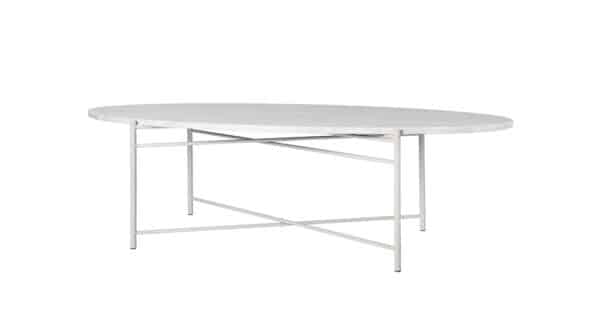 table basse ovale avec plateau en marbre gris clair et pied croisé en métal gris clair