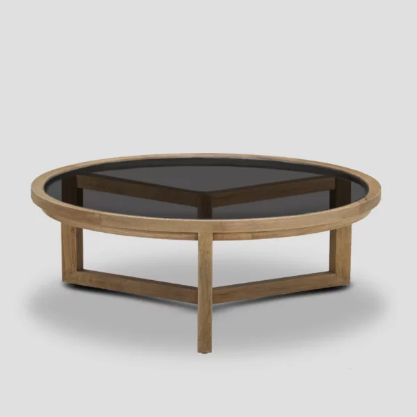 table basse ronde avec plateau en verre fumé de 100 cm de diamètre et piétement en chêne massif clair, vue de profil
