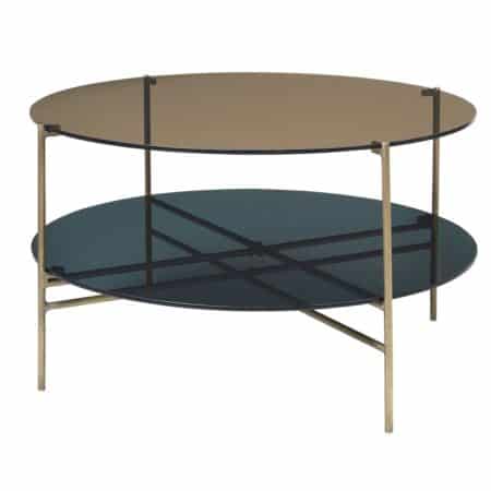 table basse de salon ronde avec 2 plateaux en verre fumé, couleur bronze pour celui du haut et gris pour celui du bas.