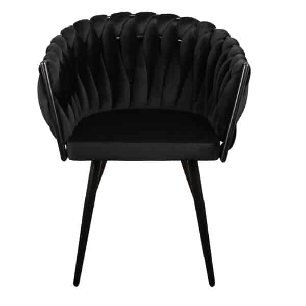 chaise confortable pour salle à manger en tissu doux de couleur noir, dossier arrondi et assise rembourrée, vue de face