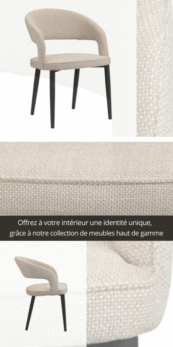 Moodboard relatif aux chaises avec assise et dossier confortable en tissu de couleur beige.
