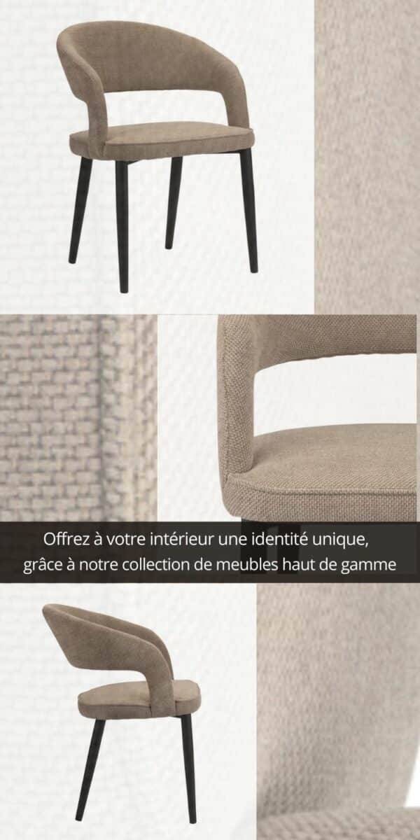 Moodboard relatif aux chaises avec assise et dossier confortable en tissu de couleur brun.