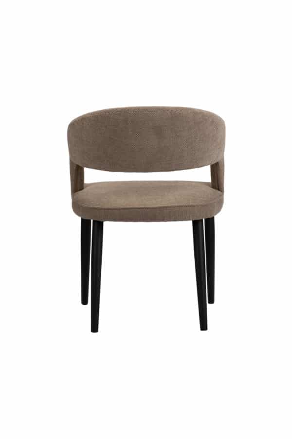 chaise confortable au design contemporain , recouverte de tissu brun noisette, vue de dos.