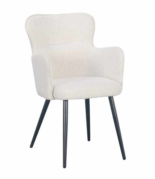 Chaise confortable moderne en tissu bouclette blanc et pieds en aluminium laqué noir.