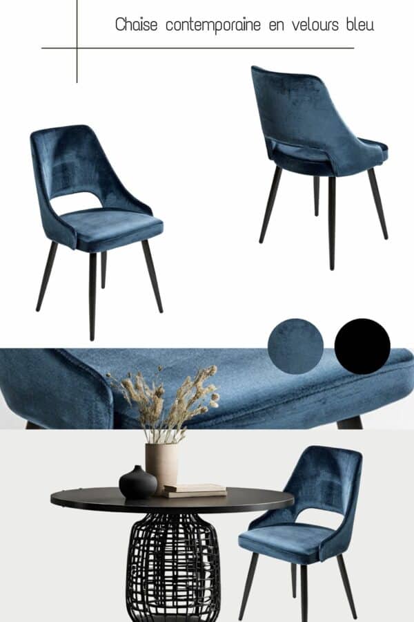 Moodboard présentant les chaises en velours bleu et la table à manger ronde noire avec pied central.