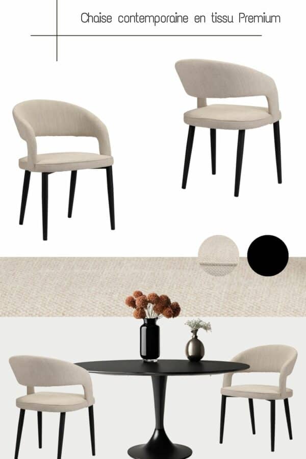 Moodboard présentant les chaises en tissu beige et une table à manger ronde noire avec pied central.