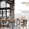 scène 1 : table à manger bois massif et métal Katleen, chaises en chêne et tissu Indus Chic, fauteuil de salon en cuir Cognac Dorado et moto Vintage