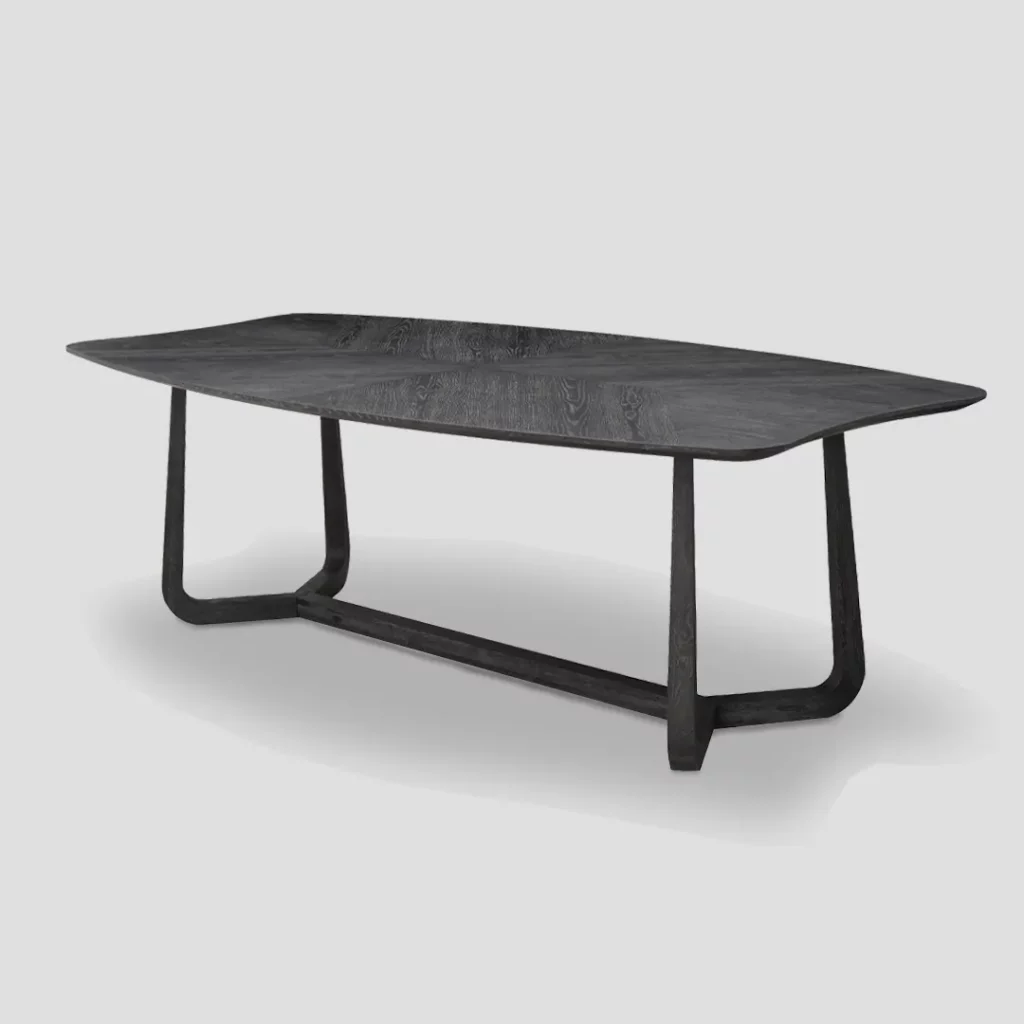 Grande table à manger avec plateau de forme ovale tonneau en chêne foncé, longueur 240 cm