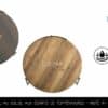 Plateaux ronds en bois avec 2 finitions au choix : à gauche Dark Grey et à droite Old Pine