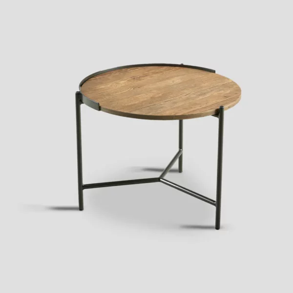 table basse ronde bois métal industrielle, diamètre 60 cm.