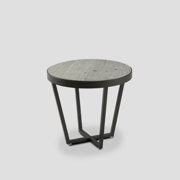 table basse ronde en bois naturel finition Forest et métal laqué couleur graphite. Diamètre 50 cm.