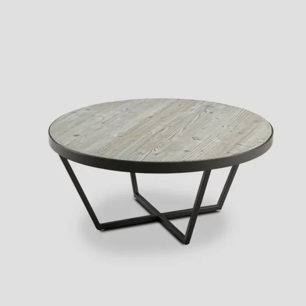 table basse ronde en bois naturel finition Forest et métal laqué couleur graphite. Diamètre 90 cm.
