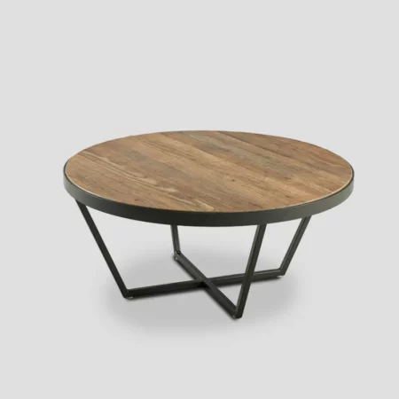 table basse ronde en bois naturel finition Old Pine et métal laqué couleur graphite. Diamètre 90 cm.