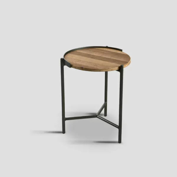 table basse ronde bois métal industrielle, diamètre 40 cm.