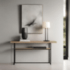 console d'entrée avec plateau et étagère en chêne massif, pied en métal noir, design élégant