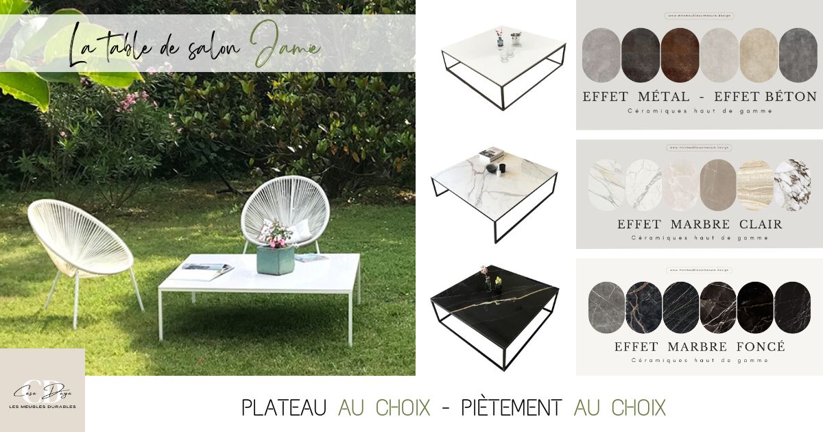 table basse de salon de jardin avec plateau en céramique blanche et piétement en inox au design fin, minimaliste et élégant.