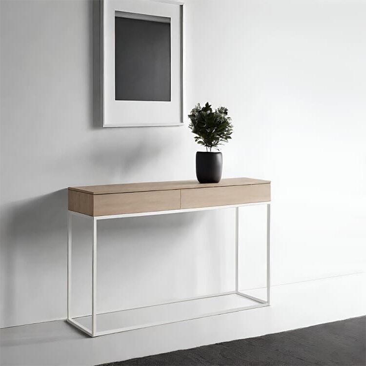 console en chêne naturel dotée de 2 tiroirs et pied en métal blanc de style fin et minimaliste