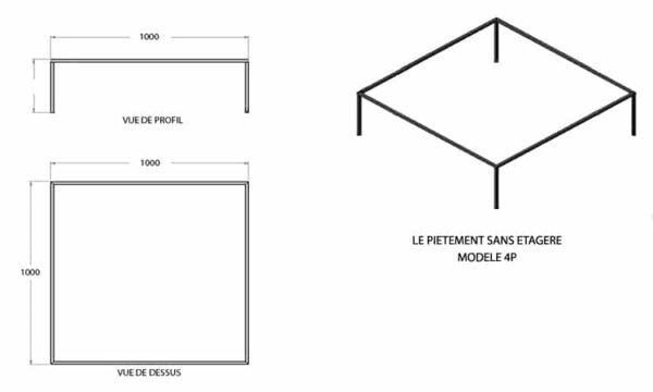 Plan de la table basse carrée, modèle 4P