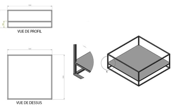 Plan de la table basse carrée, modèle ATB avec étagère en métal